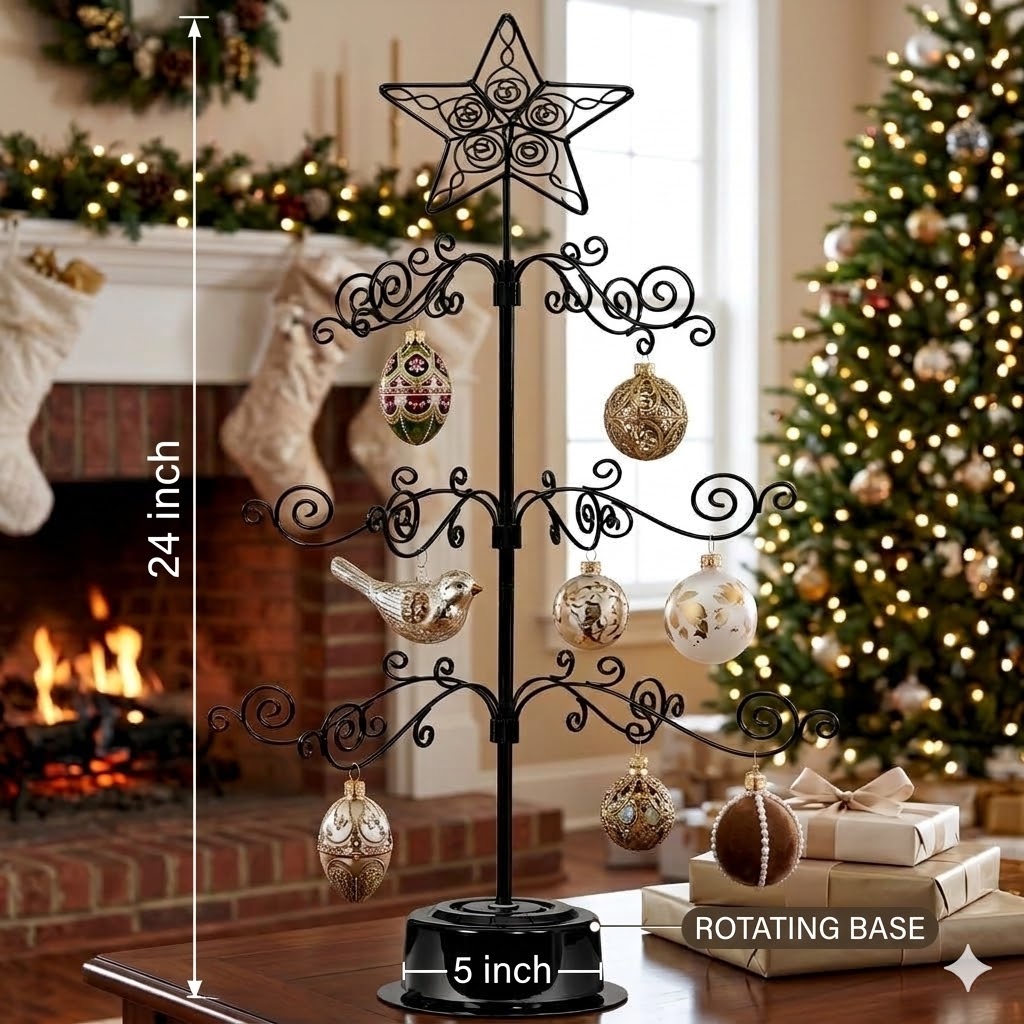 HOHIYA 24 Inch Tabletop Rotating Ornament Display Tree 3-Tier Metal Stand with 36 Hooks, Small Christmas Tree for Desk  Countertop Jewelry and Keepsake Holder Black